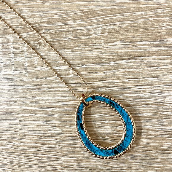 Vegan Leather Blue Snakeskin Gold Bead Chain Pendant Necklace - Picture 3 of 7